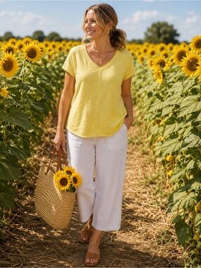 Tahari 100% Linen V-Neck Tee Large | Yellow Short Sleeve Lightweight Summer Top